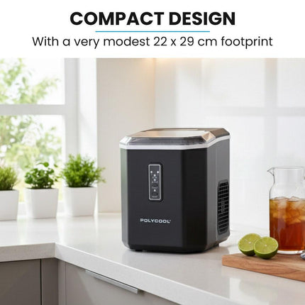 POLYCOOL Portable Ice Maker Machine, Automatic, 12kg/day,  Auto Clean, with Scoop and Removable Basket, Black.