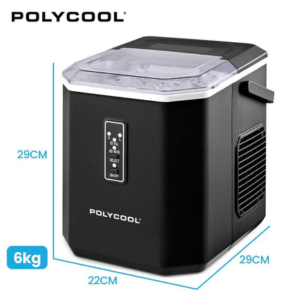 POLYCOOL Portable Ice Maker Machine, Automatic, 12kg/day,  Auto Clean, with Scoop and Removable Basket, Black.