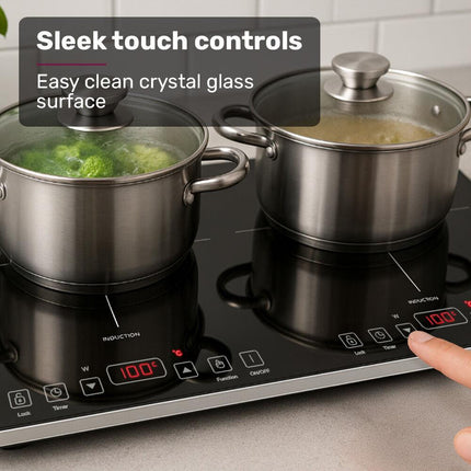 EUROCHEF Double Induction Cooktop, 9 Heat Levels, Fast Electric Portable Cooker, Touch Controls, Standard 10A Power Plug.
