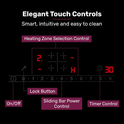 EuroChef 60cm 4 Zone Induction Cooktop, 6800W Electric, Touch Controls.