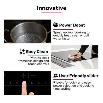 EuroChef 60cm 4 Zone Induction Cooktop, 6800W Electric, Touch Controls.