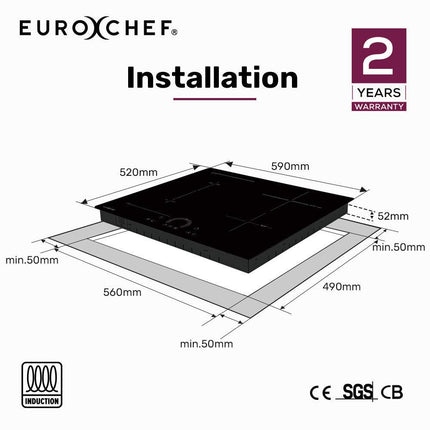 EUROCHEF 60cm 4 Zone Induction Cooktop, 7200W Electric, FlexZone Function, Touch Controls.