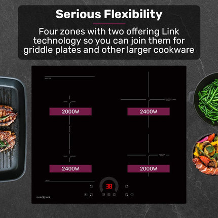 EUROCHEF 60cm 4 Zone Induction Cooktop, 7200W Electric, FlexZone Function, Touch Controls.