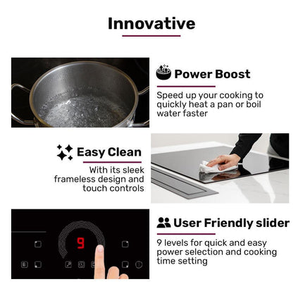 EUROCHEF 60cm 4 Zone Induction Cooktop, 7200W Electric, FlexZone Function, Touch Controls.