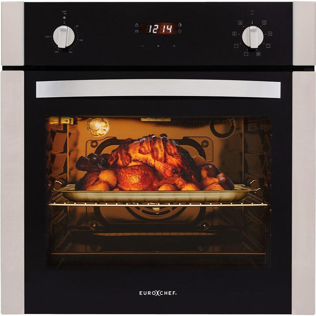 EuroChef 60cm Stainless Built-in 70L Grill 8 Function Fan Forced Electric Wall Oven.