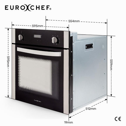 EuroChef 60cm Stainless Built-in 70L Grill 8 Function Fan Forced Electric Wall Oven.