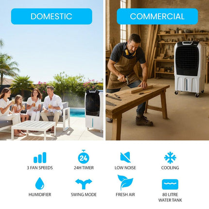 POLYCOOL 450W 80L Evaporative Air Cooler, Commercial Grade, Remote Control, Fan.