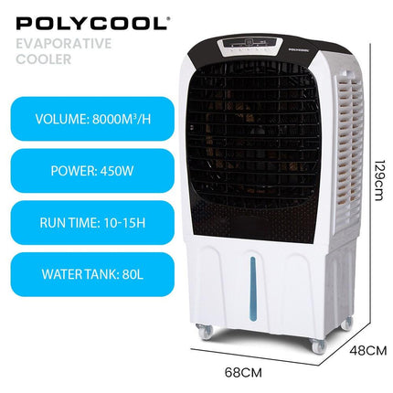 POLYCOOL 450W 80L Evaporative Air Cooler, Commercial Grade, Remote Control, Fan.