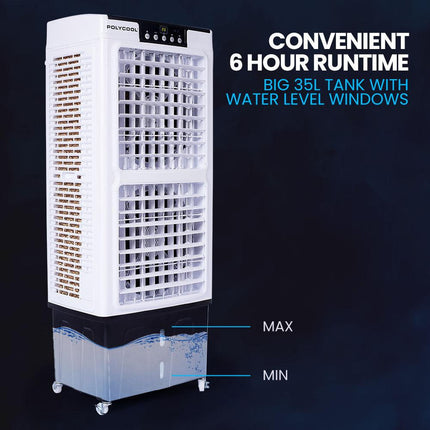 POLYCOOL 35L 220W Portable Evaporative Air Cooler 24 Hour Timer 4 in 1 Cooling Fan w/ Remote.