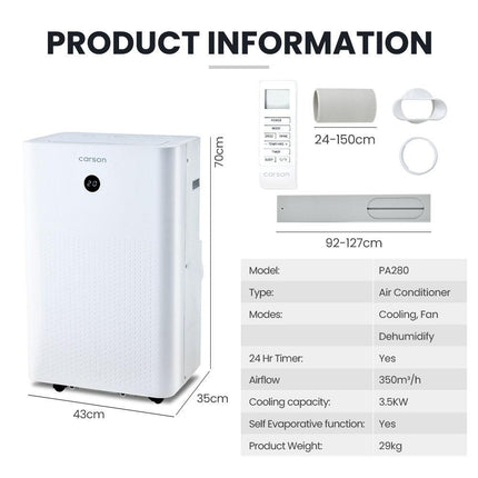 CARSON 3.5kW Portable Air Conditioner, with Dehumidifier Mode & Fan Cooler.