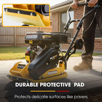 BAUMR-AG 60kg 370x510mm 6.5HP Plate Compactor, Paver Pad, Transport Wheels.