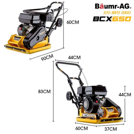 BAUMR-AG 60kg 370x510mm 6.5HP Plate Compactor, Paver Pad, Transport Wheels.