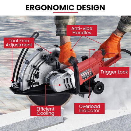 BAUMR-AG 2400W Electric Concrete Saw 355mm Demolition Cutter Wet Dry Demo Tool Circular Cutting.