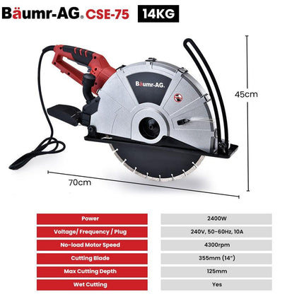 BAUMR-AG 2400W Electric Concrete Saw 355mm Demolition Cutter Wet Dry Demo Tool Circular Cutting.