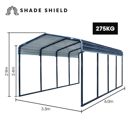 SHADE SHIELD Single Carport Shed 3.3 x 6 x 2.9m, Galvanised Steel Frame, Powder Coated Gable Roof, Shelter for Car Caravan Boat Tractor Agricultural.