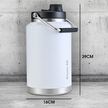 Baumr-AG 3.8L Double Wall Insulated Stainless Steel Water Bottle, Drink Jug with Handle, White.