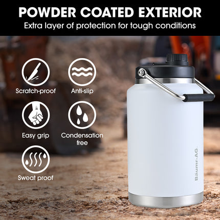Baumr-AG 3.8L Double Wall Insulated Stainless Steel Water Bottle, Drink Jug with Handle, White.