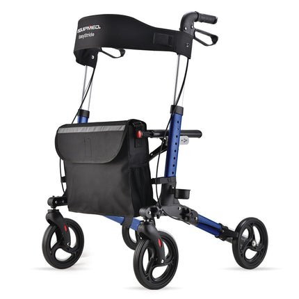 EQUIPMED Foldable Aluminium Walking Frame Rollator with Bag and Seat, Silver.