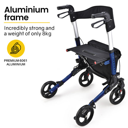 EQUIPMED Foldable Aluminium Walking Frame Rollator with Bag and Seat, Silver.