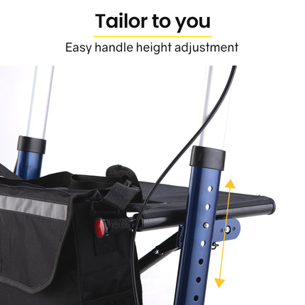 EQUIPMED Foldable Aluminium Walking Frame Rollator with Bag and Seat, Silver.