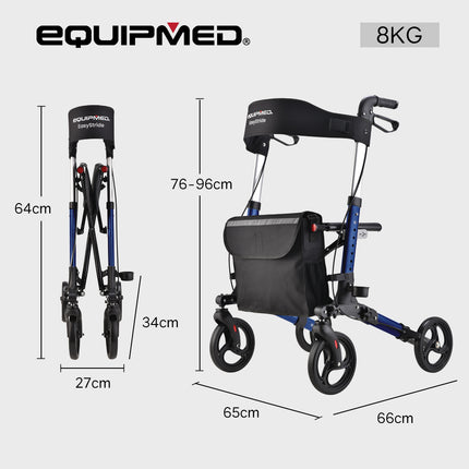 EQUIPMED Foldable Aluminium Walking Frame Rollator with Bag and Seat, Silver.