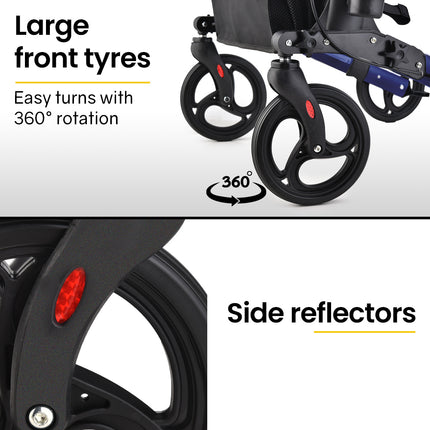 EQUIPMED Foldable Aluminium Walking Frame Rollator with Bag and Seat, Silver.