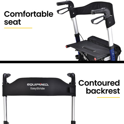 EQUIPMED Foldable Aluminium Walking Frame Rollator with Bag and Seat, Silver.