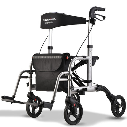 EQUIPMED 2-in-1 Folding Rollator Wheelchair Adjustable Mobility Walker w/ Park Brakes & Bag, Silver.