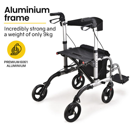 EQUIPMED 2-in-1 Folding Rollator Wheelchair Adjustable Mobility Walker w/ Park Brakes & Bag, Silver.