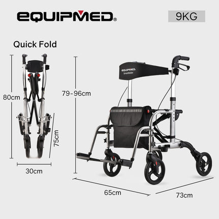 EQUIPMED 2-in-1 Folding Rollator Wheelchair Adjustable Mobility Walker w/ Park Brakes & Bag, Silver.