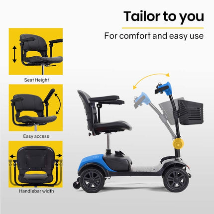 EQUIPMED Electric Mobility Scooter Portable Folding for Elderly Older Adult, SmartRider Black & Blue.