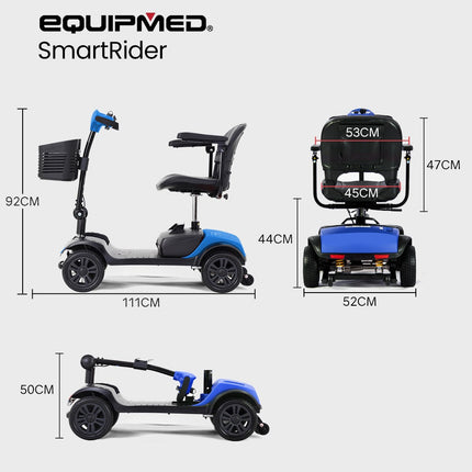 EQUIPMED Electric Mobility Scooter Portable Folding for Elderly Older Adult, SmartRider Black & Blue.