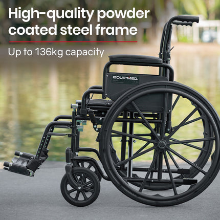 EQUIPMED Portable Folding Wheelchair 24 Inch 136kg Capacity Wheel Chair Retractable Armrests, Black.