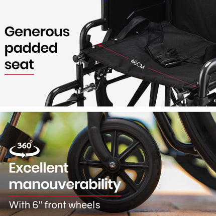 EQUIPMED Portable Folding Wheelchair 24 Inch 136kg Capacity Wheel Chair Retractable Armrests, Black.