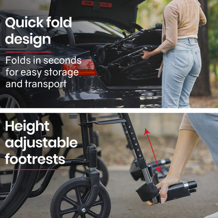 EQUIPMED Portable Folding Wheelchair 24 Inch 136kg Capacity Wheel Chair Retractable Armrests, Black.