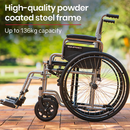 EQUIPMED 24 Inch Folding Wheelchair Lightweight Portable for Elderly and Disabled, Grey.