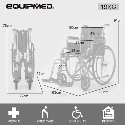 EQUIPMED 24 Inch Folding Wheelchair Lightweight Portable for Elderly and Disabled, Grey.