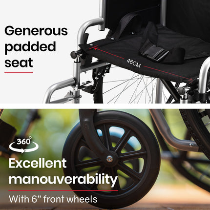 EQUIPMED 24 Inch Folding Wheelchair Lightweight Portable for Elderly and Disabled, Grey.
