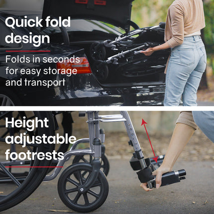 EQUIPMED 24 Inch Folding Wheelchair Lightweight Portable for Elderly and Disabled, Grey.