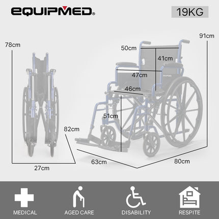 EQUIPMED 24 Inch Folding Wheelchair Lightweight Portable for Elderly and Disabled, Grey.