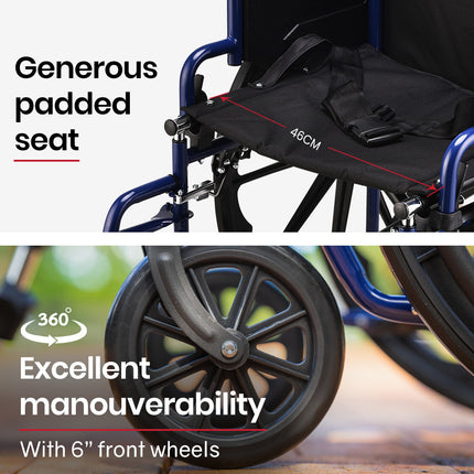 EQUIPMED 24 Inch Folding Wheelchair Lightweight Portable for Elderly and Disabled, Grey.