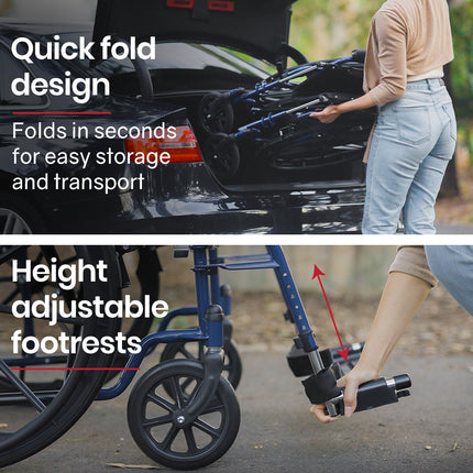 EQUIPMED 24 Inch Folding Wheelchair Lightweight Portable for Elderly and Disabled, Grey.