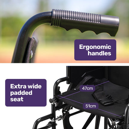 EQUIPMED 24 Inch Folding Wheelchair Lightweight Portable for Elderly and Disabled, Grey.