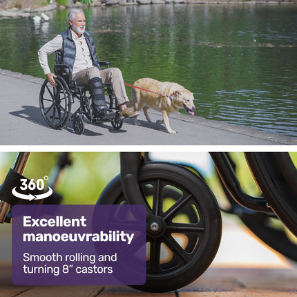 EQUIPMED 24 Inch Folding Wheelchair Lightweight Portable for Elderly and Disabled, Grey.