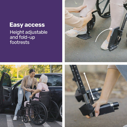 EQUIPMED 24 Inch Folding Wheelchair Lightweight Portable for Elderly and Disabled, Grey.
