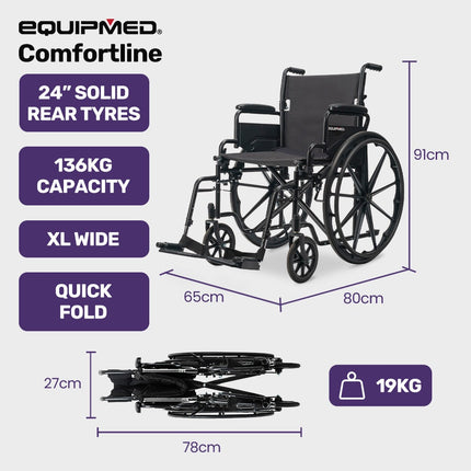 EQUIPMED 24 Inch Folding Wheelchair Lightweight Portable for Elderly and Disabled, Grey.