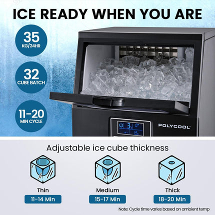 POLYCOOL Commercial Ice Maker Machine, up to 35kg/24hr, Timer & Self Cleaning Programs.