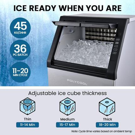 POLYCOOL Commercial Ice Maker Machine, up to 45kg/24hr, Timer & Self Cleaning Programs.