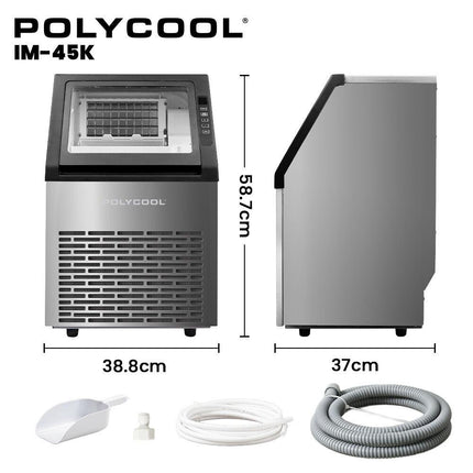 POLYCOOL Commercial Ice Maker Machine, up to 45kg/24hr, Timer & Self Cleaning Programs.