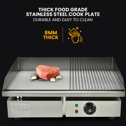THERMOMATE Commercial Electric Griddle TH-G04, 2400W 55x35cm Half Ribbed Surface.